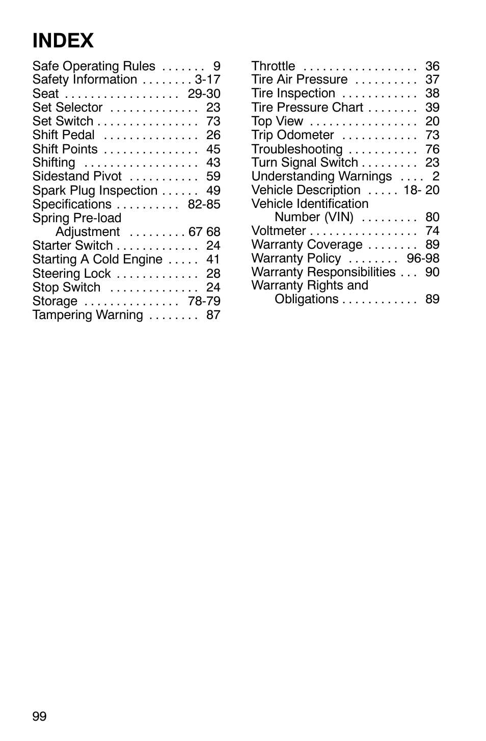 Index | Polaris 2001 Victory Standard Cruiser User Manual | Page 106 / 107