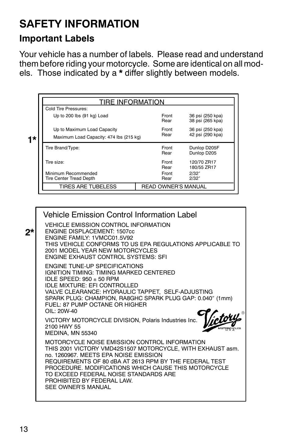 Safety information, Important labels, Vehicle emission control information label | Tire information | Polaris 2001 Victory Standard Cruiser User Manual | Page 20 / 107