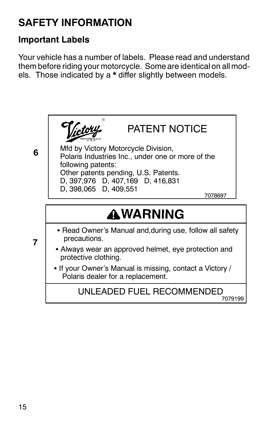Safety information, Patent notice, Important labels | Unleaded fuel recommended | Polaris 2001 Victory Standard Cruiser User Manual | Page 22 / 107