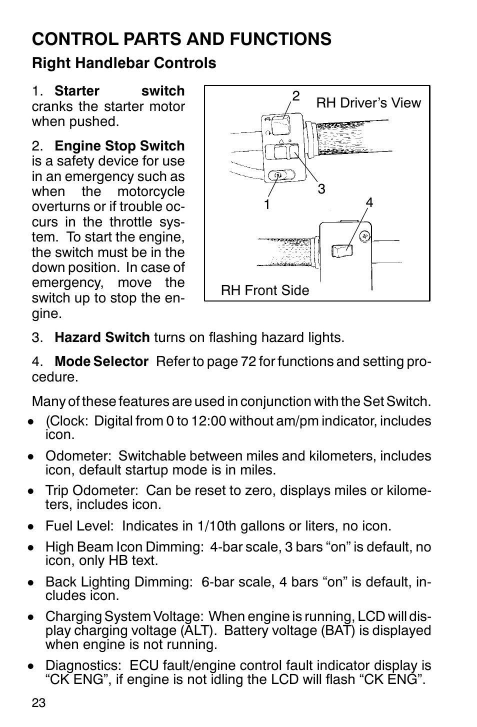 Control parts and functions, Right handlebar controls | Polaris 2001 Victory Standard Cruiser User Manual | Page 30 / 107