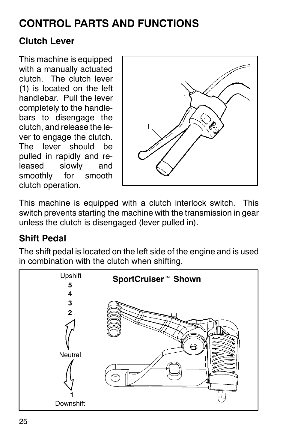 Control parts and functions, Clutch lever, Shift pedal | Polaris 2001 Victory Standard Cruiser User Manual | Page 32 / 107