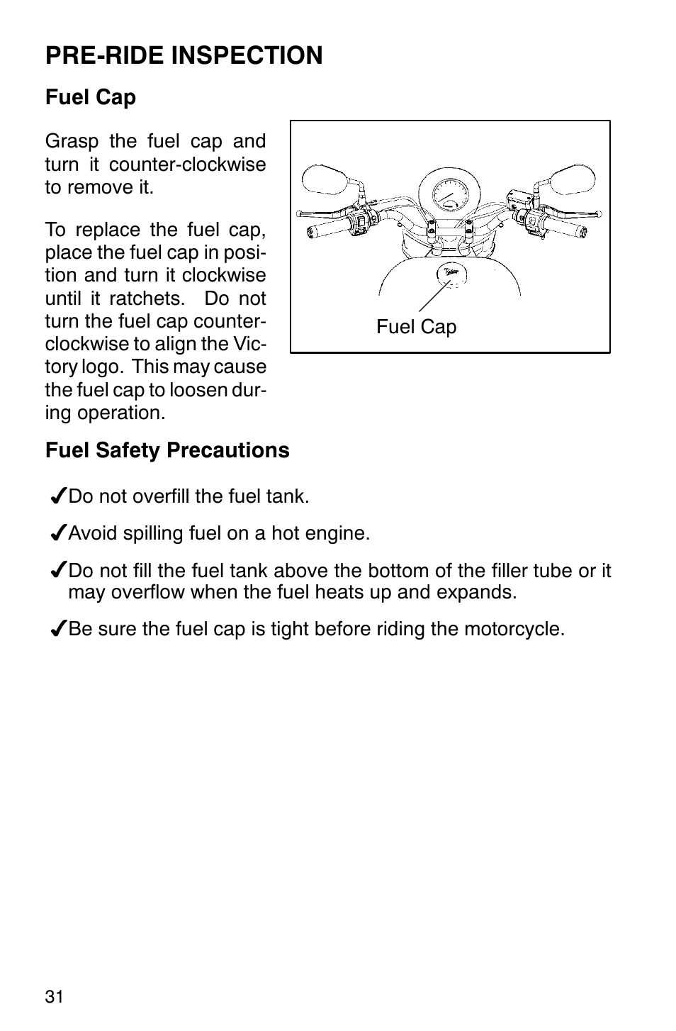 Pre-ride inspection | Polaris 2001 Victory Standard Cruiser User Manual | Page 38 / 107
