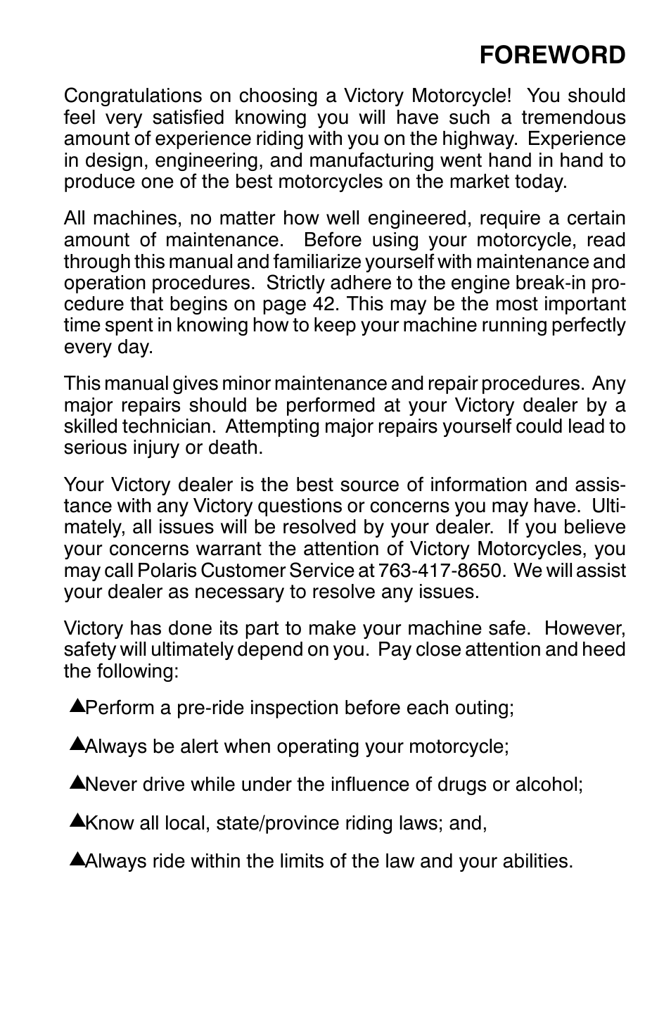 Foreword | Polaris 2001 Victory Standard Cruiser User Manual | Page 4 / 107