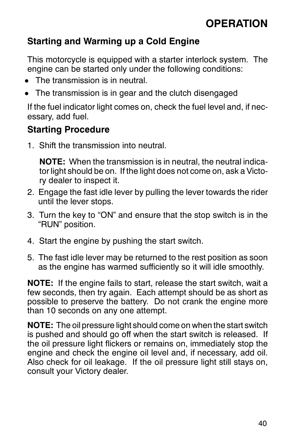 Operation | Polaris 2001 Victory Standard Cruiser User Manual | Page 47 / 107