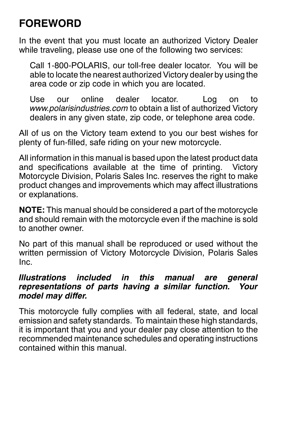 Foreword | Polaris 2001 Victory Standard Cruiser User Manual | Page 5 / 107
