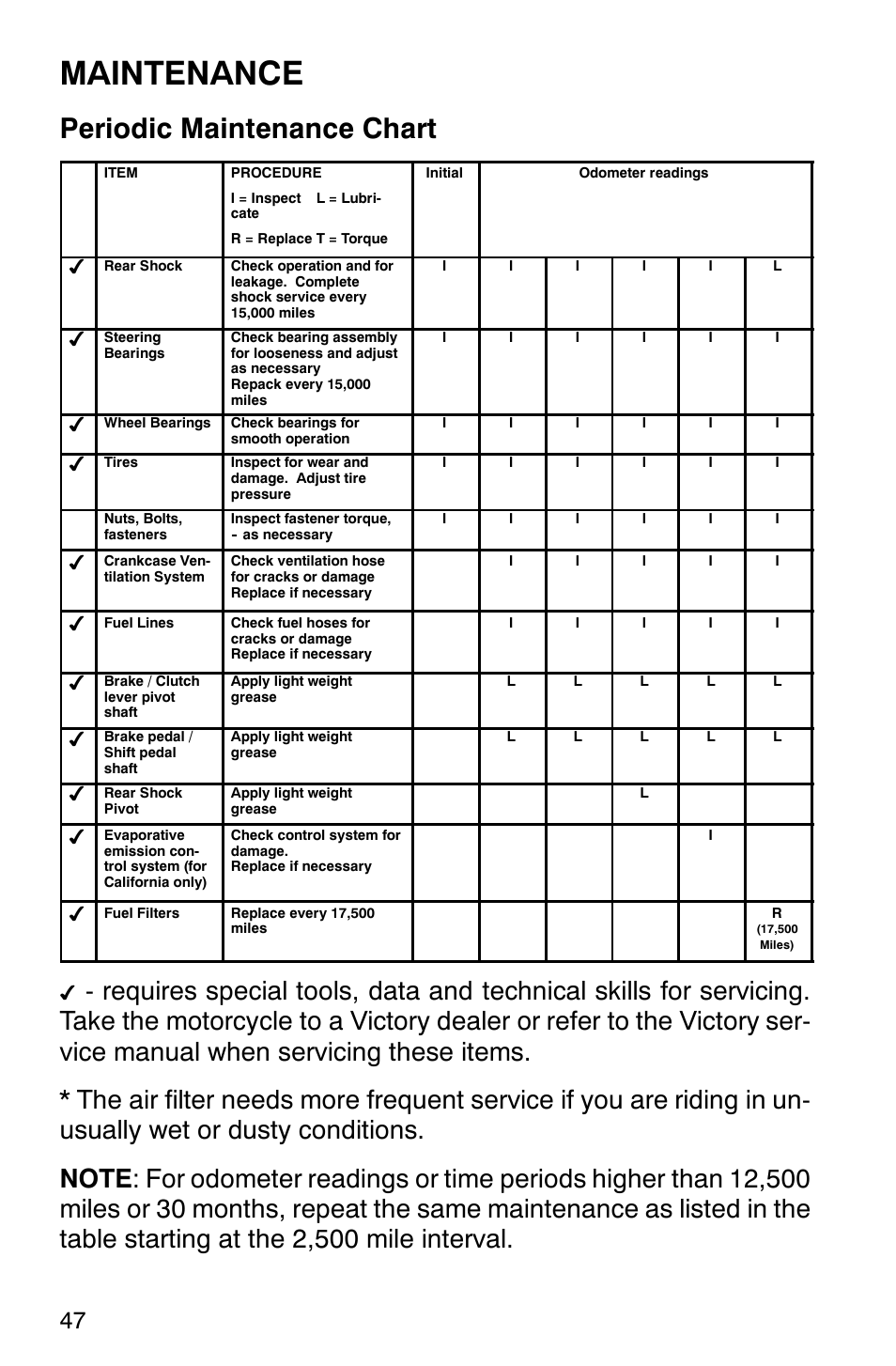 Maintenance, Periodic maintenance chart | Polaris 2001 Victory Standard Cruiser User Manual | Page 54 / 107