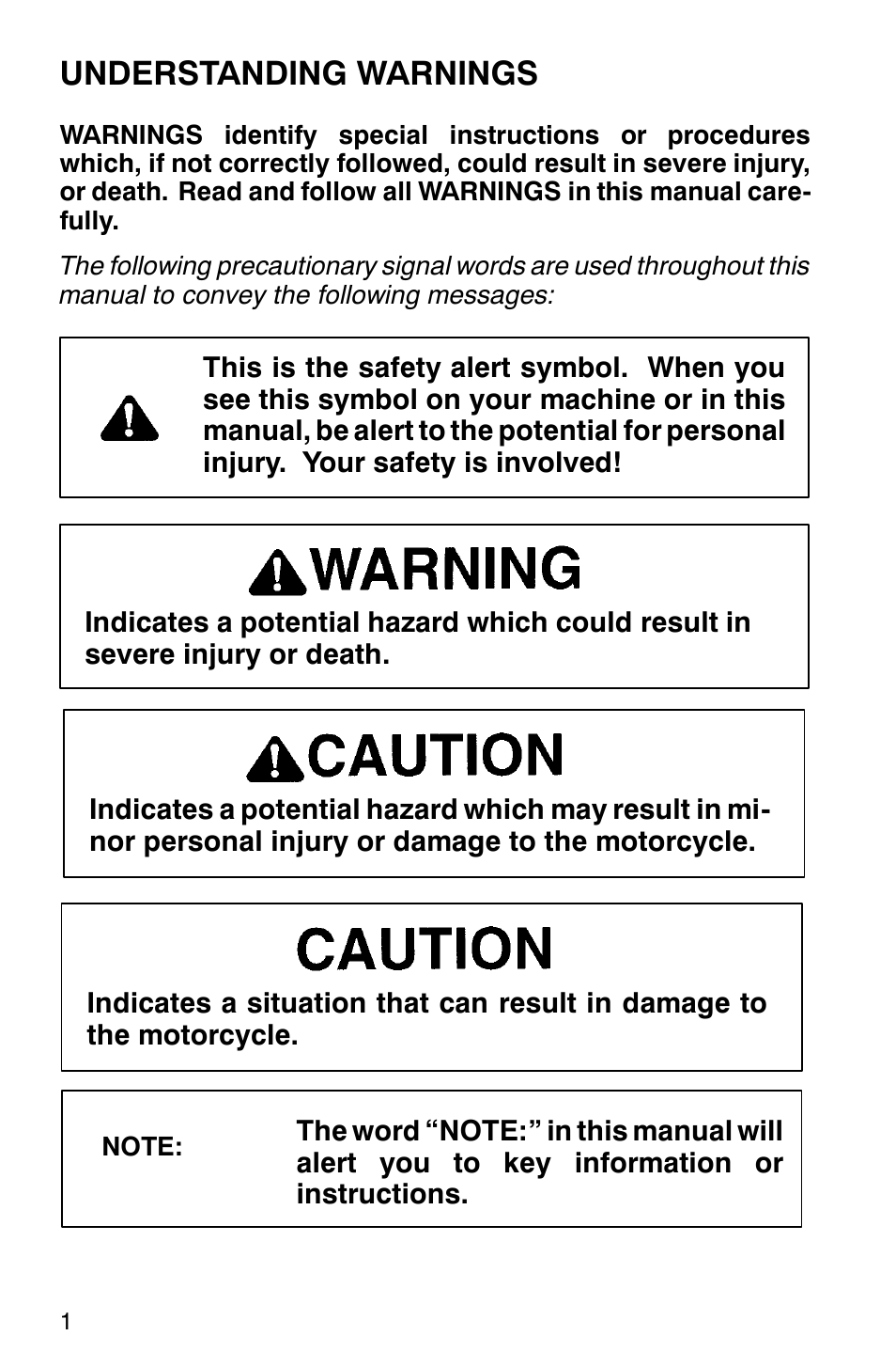 Understanding warnings | Polaris 2001 Victory Standard Cruiser User Manual | Page 8 / 107