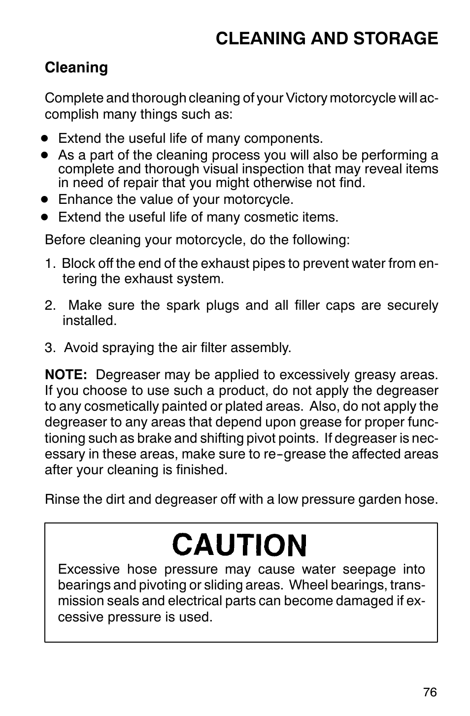 Cleaning and storage | Polaris 2001 Victory Standard Cruiser User Manual | Page 83 / 107