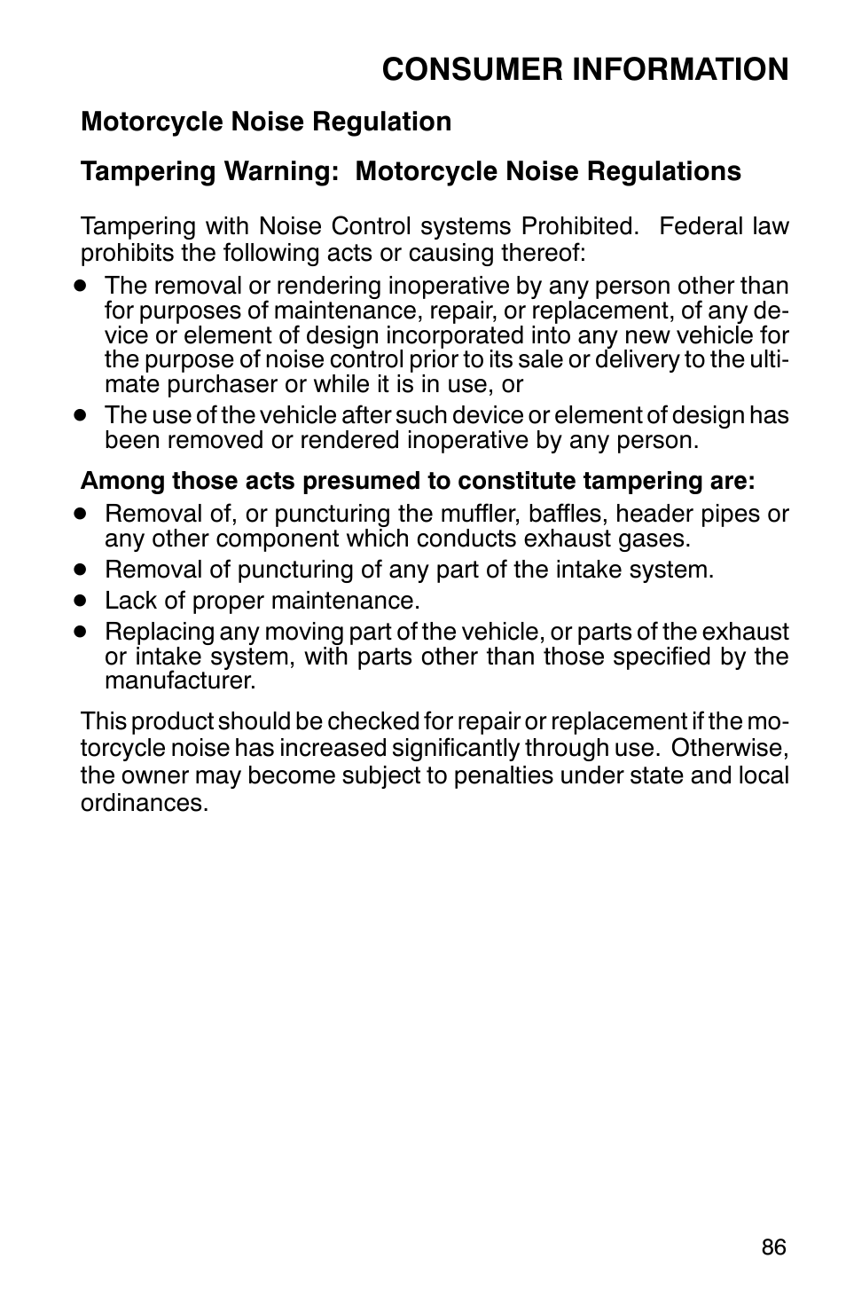 Consumer information | Polaris 2001 Victory Standard Cruiser User Manual | Page 93 / 107