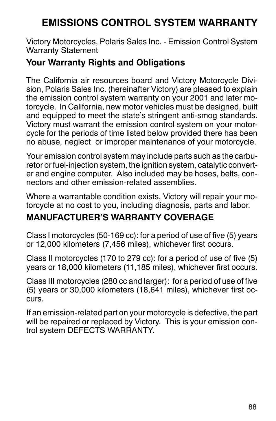 Emissions control system warranty | Polaris 2001 Victory Standard Cruiser User Manual | Page 95 / 107
