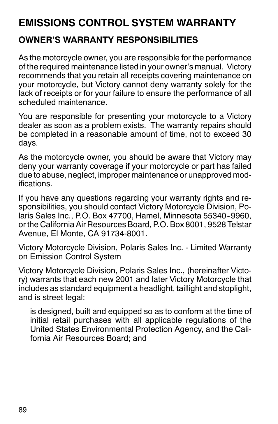Emissions control system warranty | Polaris 2001 Victory Standard Cruiser User Manual | Page 96 / 107