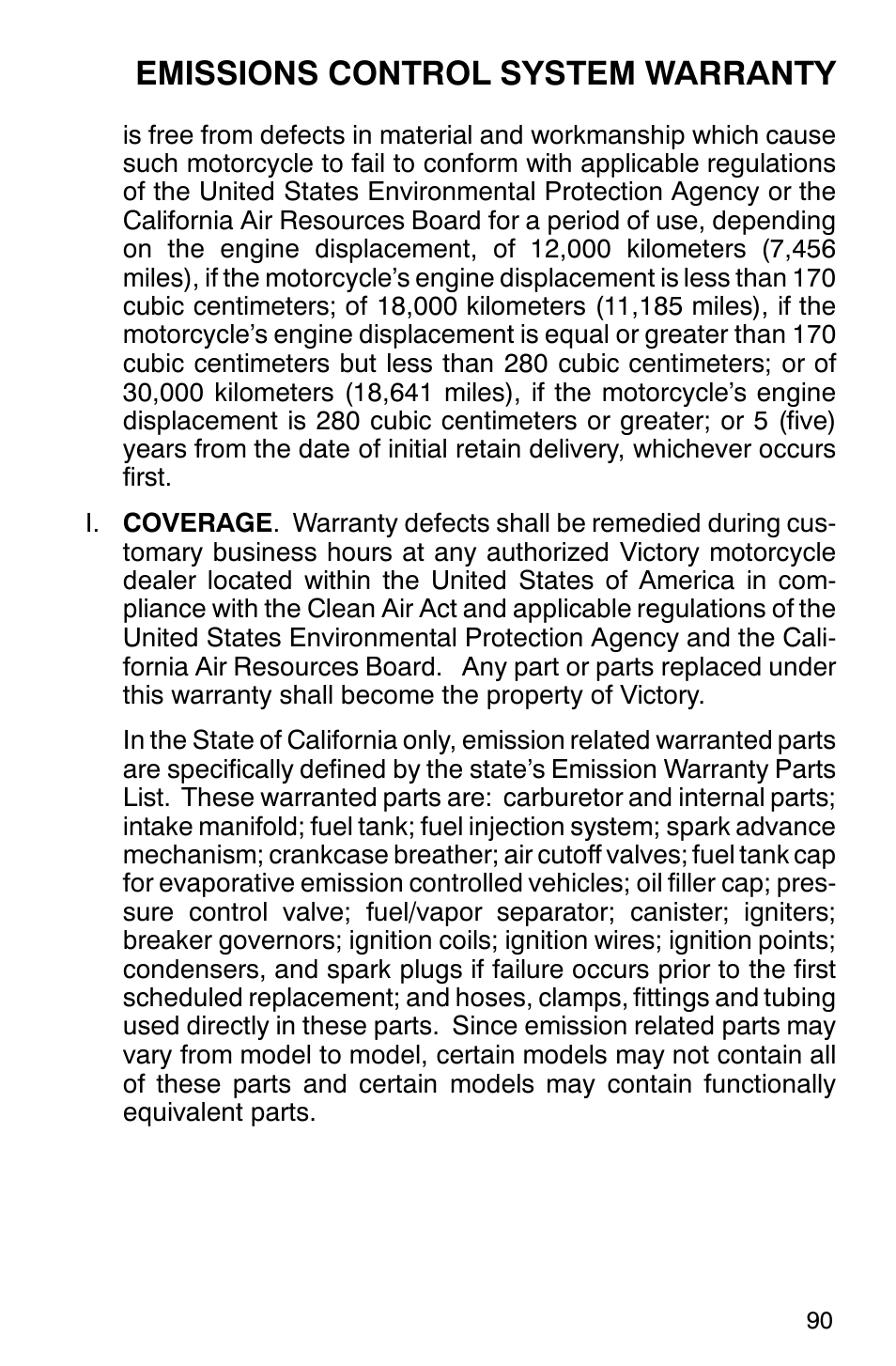Emissions control system warranty | Polaris 2001 Victory Standard Cruiser User Manual | Page 97 / 107
