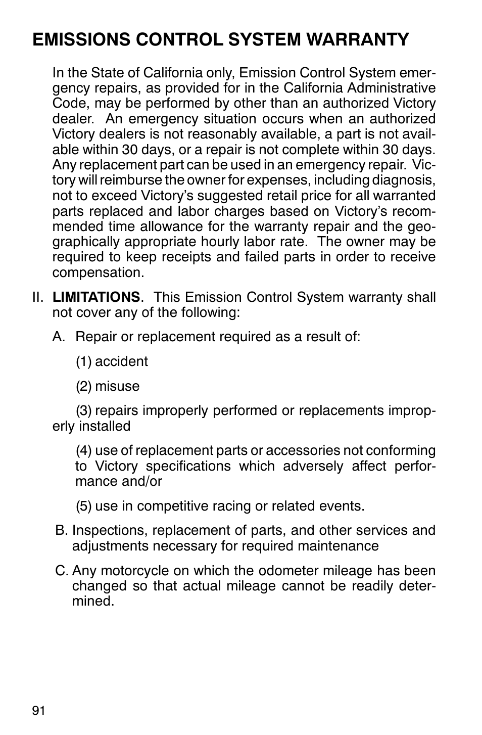 Emissions control system warranty | Polaris 2001 Victory Standard Cruiser User Manual | Page 98 / 107