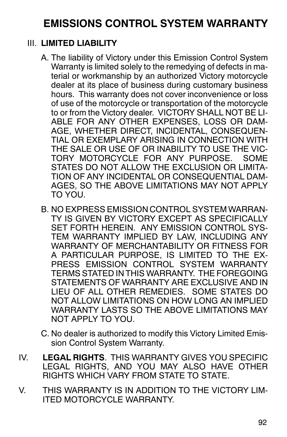 Emissions control system warranty | Polaris 2001 Victory Standard Cruiser User Manual | Page 99 / 107