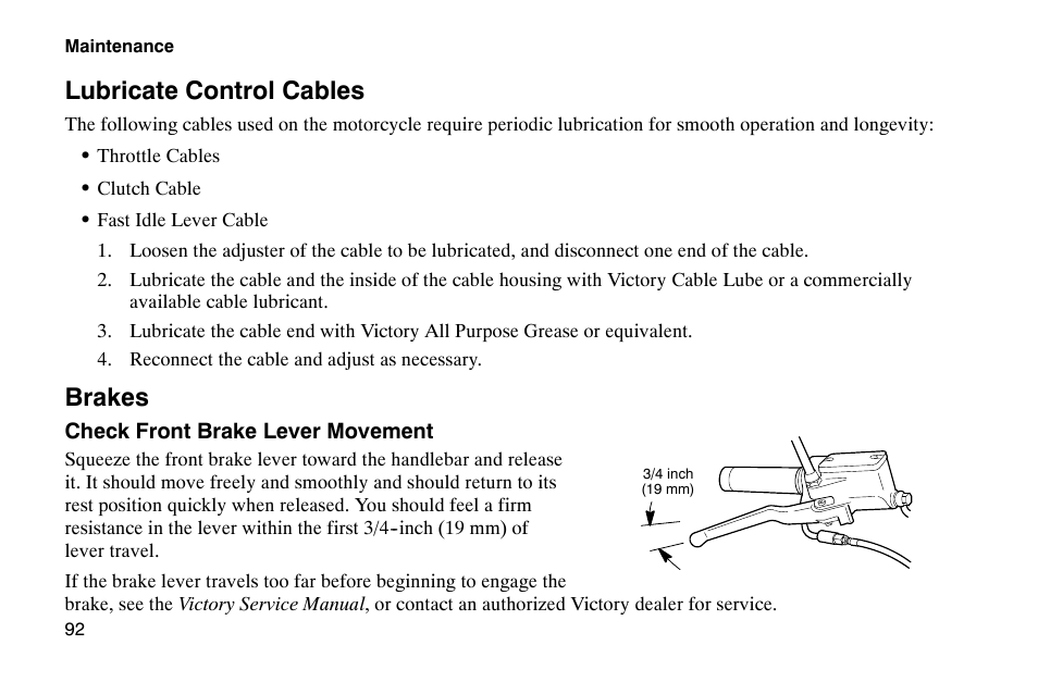 Lubricate control cables, Brakes | Polaris 2002 Victory Touring Cruiser User Manual | Page 106 / 166