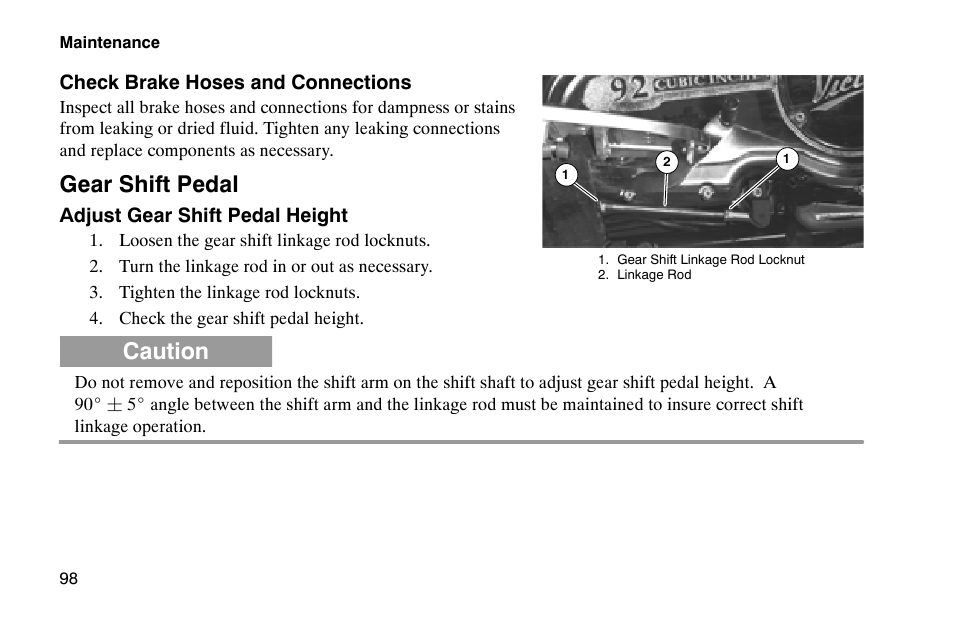 Gear shift pedal, Caution | Polaris 2002 Victory Touring Cruiser User Manual | Page 112 / 166