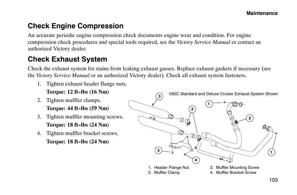 Check engine compression, Check exhaust system | Polaris 2002 Victory Touring Cruiser User Manual | Page 117 / 166