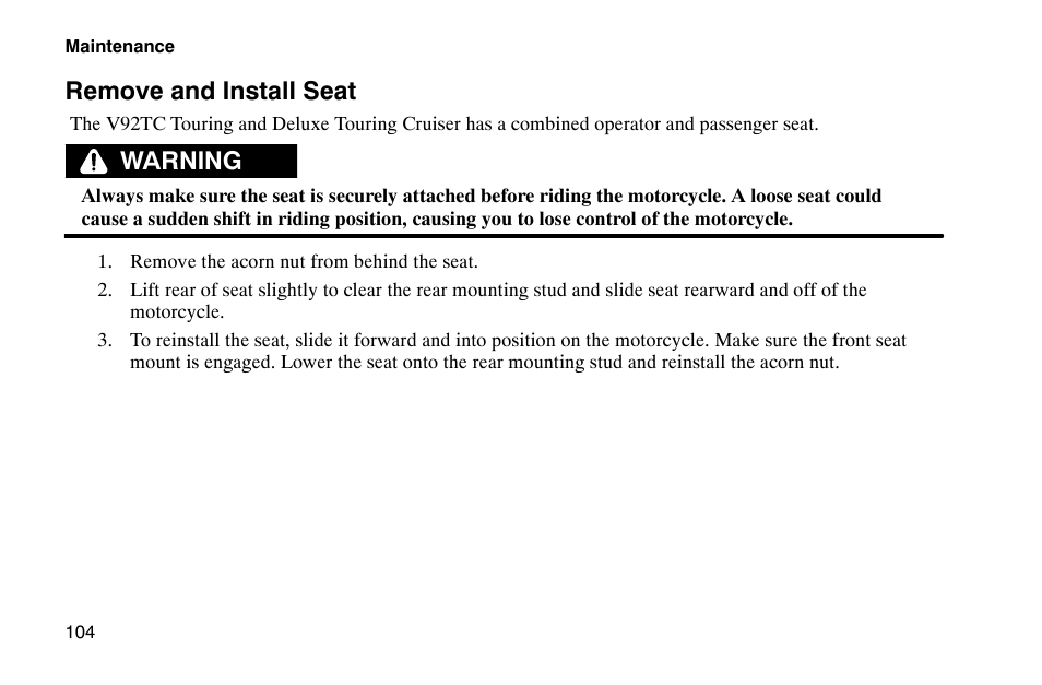 Remove and install seat, Warning | Polaris 2002 Victory Touring Cruiser User Manual | Page 118 / 166