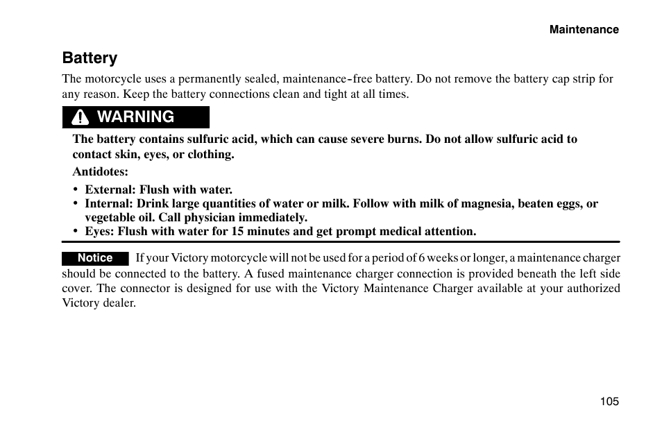 Battery, Warning | Polaris 2002 Victory Touring Cruiser User Manual | Page 119 / 166