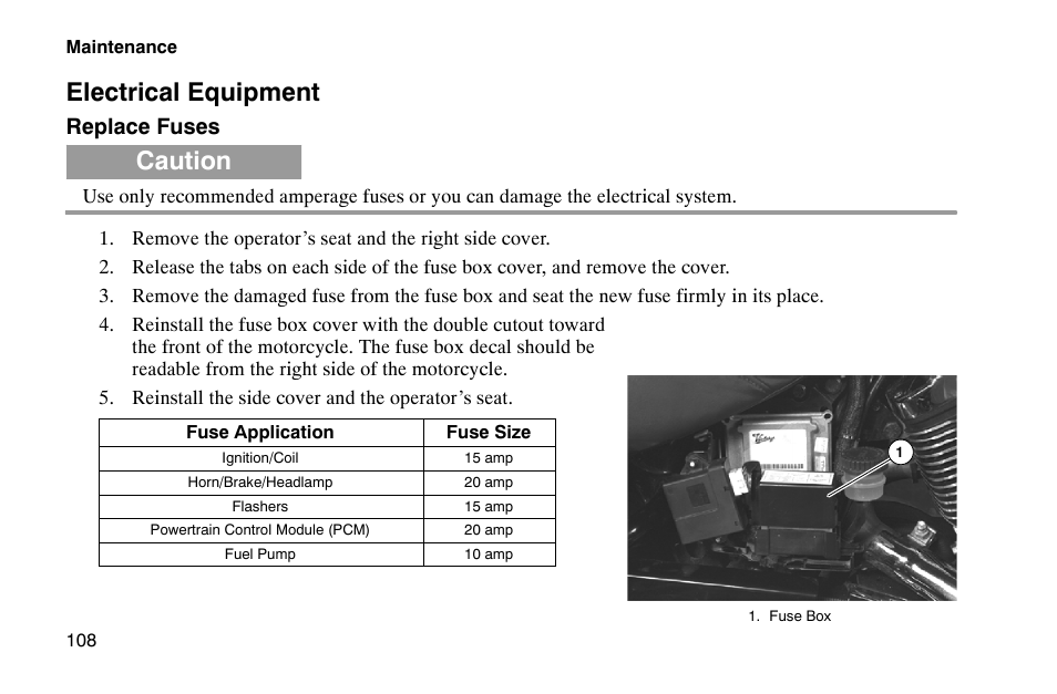 Electrical equipment, Caution, Replace fuses | Polaris 2002 Victory Touring Cruiser User Manual | Page 122 / 166