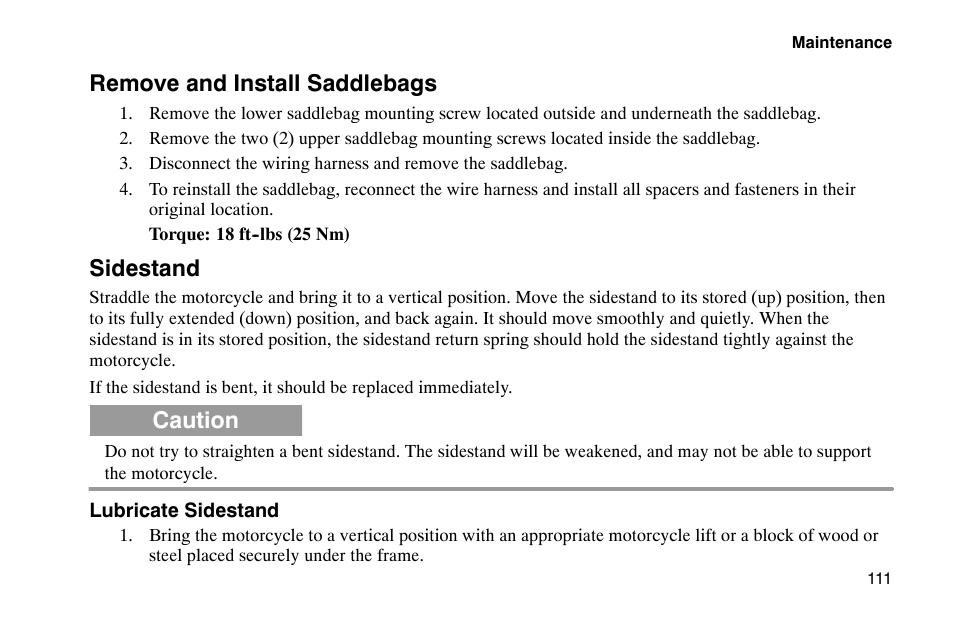 Remove and install saddlebags, Sidestand, Caution | Polaris 2002 Victory Touring Cruiser User Manual | Page 125 / 166