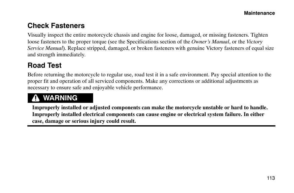 Check fasteners, Road test, Warning | Polaris 2002 Victory Touring Cruiser User Manual | Page 127 / 166