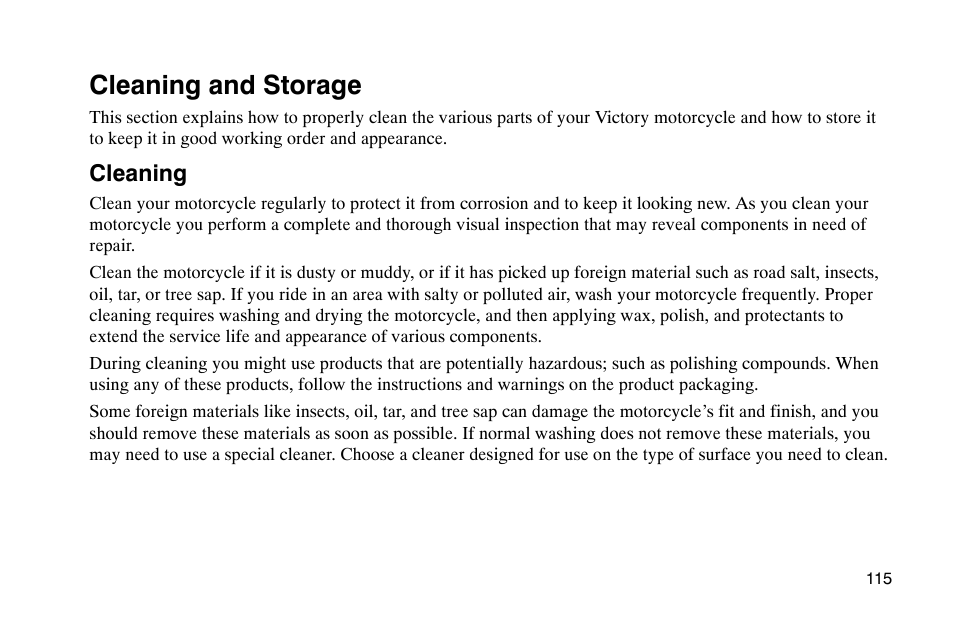 Cleaning and storage, Cleaning | Polaris 2002 Victory Touring Cruiser User Manual | Page 129 / 166