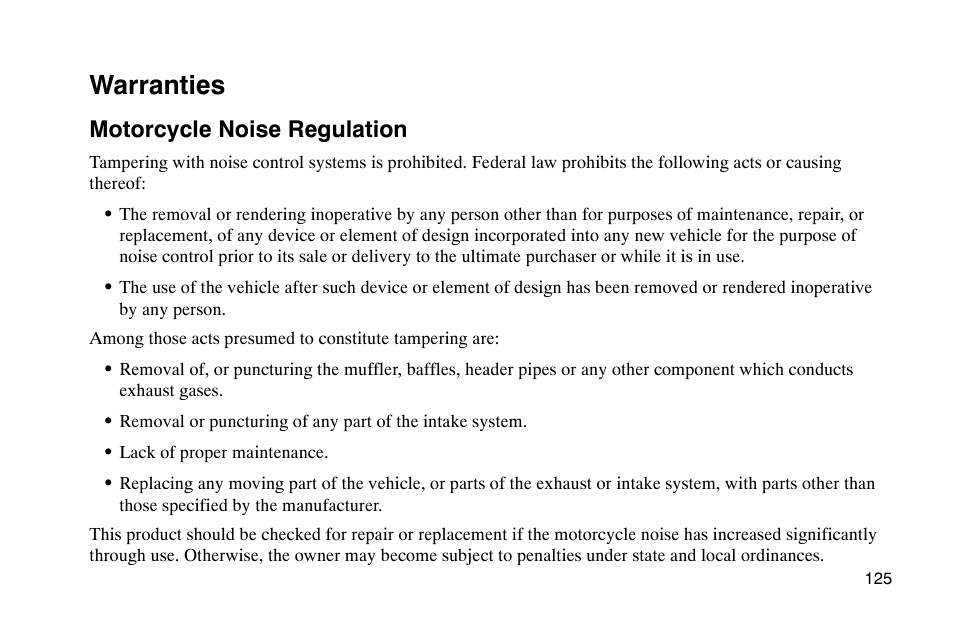 Warranties, Motorcycle noise regulation | Polaris 2002 Victory Touring Cruiser User Manual | Page 139 / 166