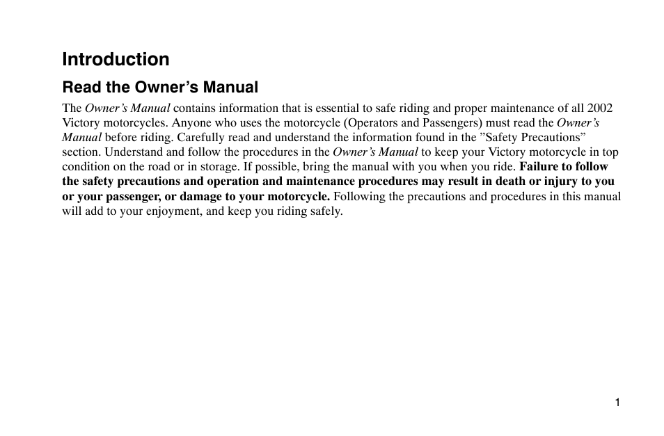 Introduction, Read the owner’s manual | Polaris 2002 Victory Touring Cruiser User Manual | Page 15 / 166