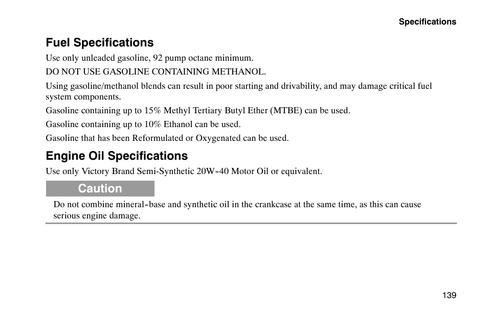 Fuel specifications, Engine oil specifications, Caution | Polaris 2002 Victory Touring Cruiser User Manual | Page 153 / 166