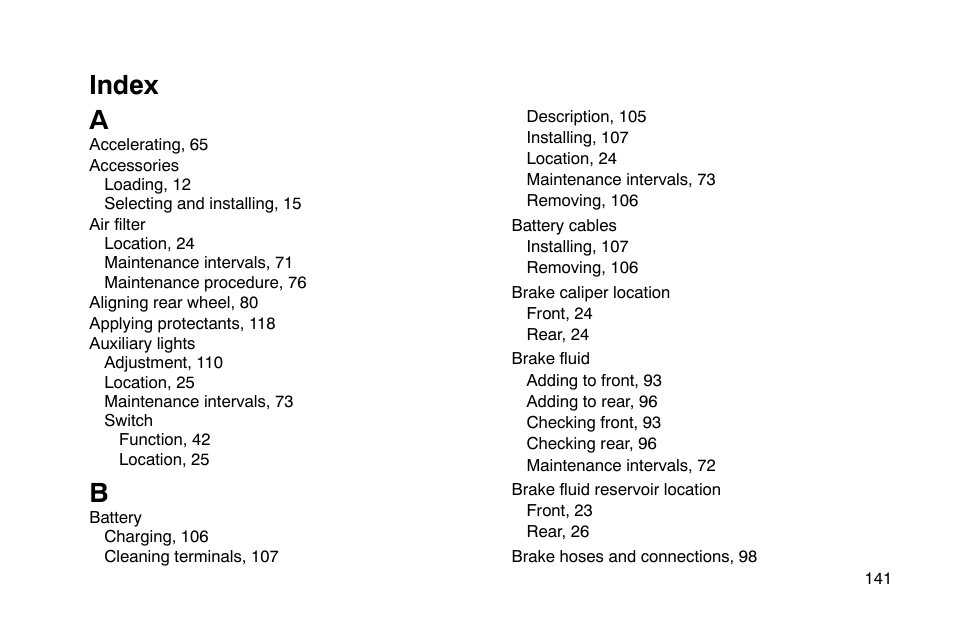 Index a | Polaris 2002 Victory Touring Cruiser User Manual | Page 155 / 166