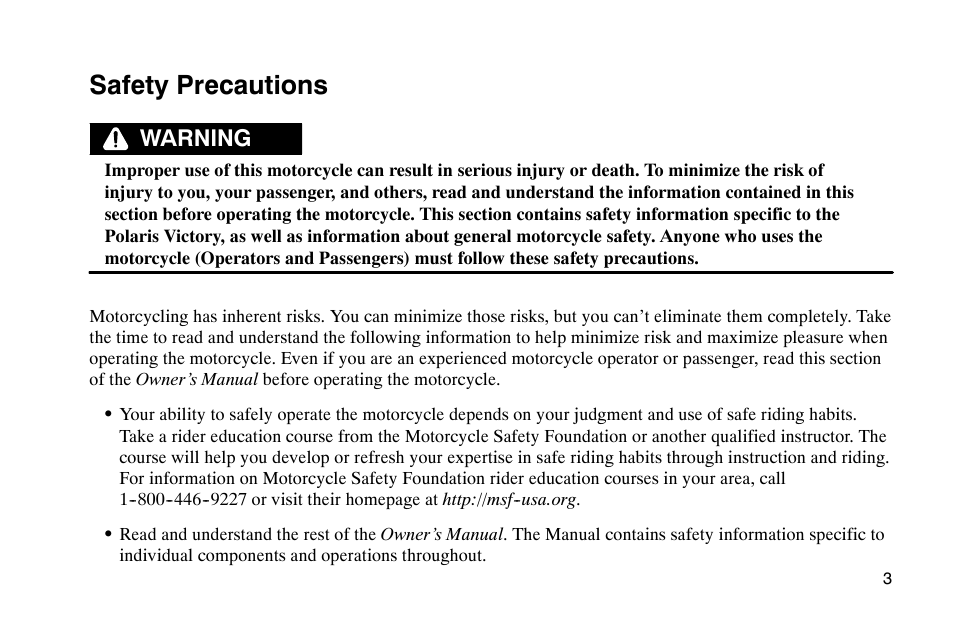 Safety precautions, Warning | Polaris 2002 Victory Touring Cruiser User Manual | Page 17 / 166
