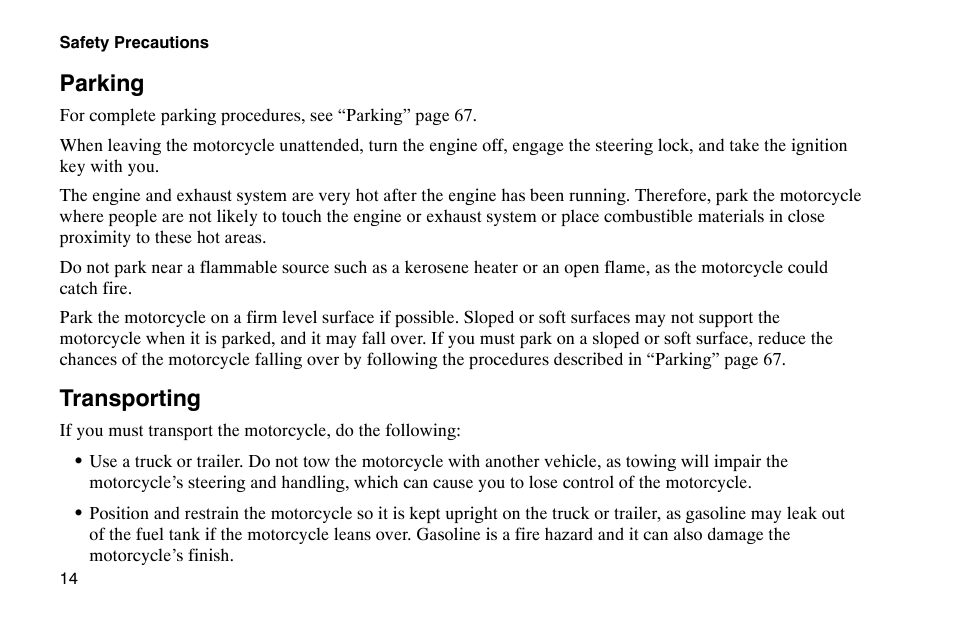 Parking, Transporting | Polaris 2002 Victory Touring Cruiser User Manual | Page 28 / 166