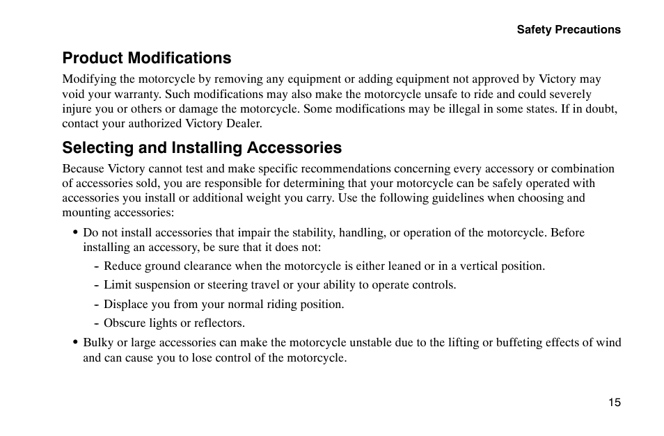 Product modifications, Selecting and installing accessories | Polaris 2002 Victory Touring Cruiser User Manual | Page 29 / 166