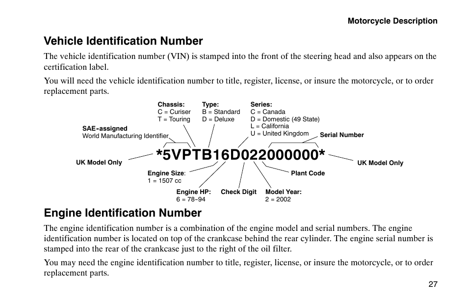 Vehicle identification number, Engine identification number | Polaris 2002 Victory Touring Cruiser User Manual | Page 41 / 166