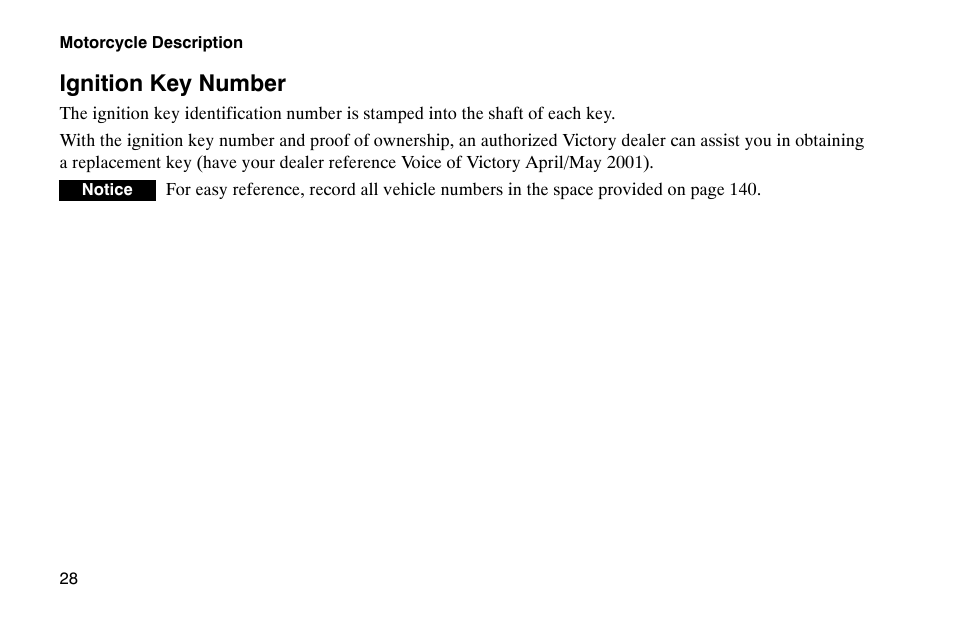 Ignition key number | Polaris 2002 Victory Touring Cruiser User Manual | Page 42 / 166