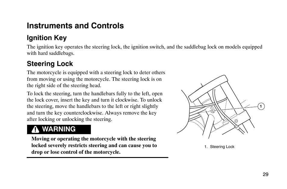 Instruments and controls, Ignition key, Steering lock | Warning | Polaris 2002 Victory Touring Cruiser User Manual | Page 43 / 166