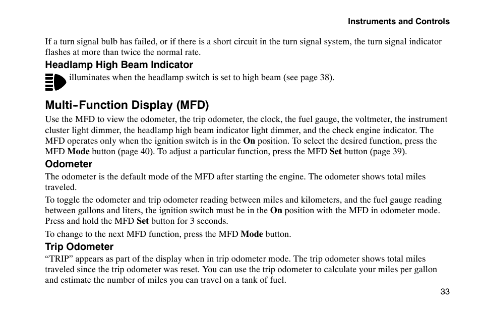 Multi--function display (mfd) | Polaris 2002 Victory Touring Cruiser User Manual | Page 47 / 166