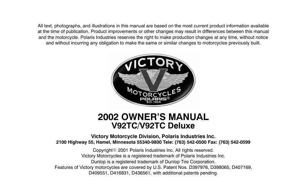 2002 owner’s manual, V92tc/v92tc deluxe | Polaris 2002 Victory Touring Cruiser User Manual | Page 5 / 166