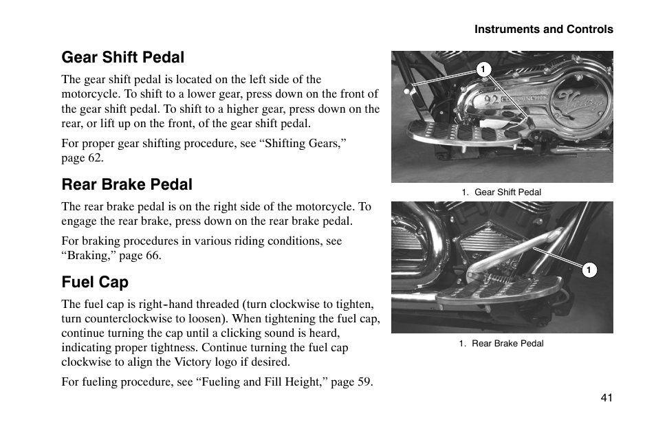 Gear shift pedal, Rear brake pedal, Fuel cap | Polaris 2002 Victory Touring Cruiser User Manual | Page 55 / 166