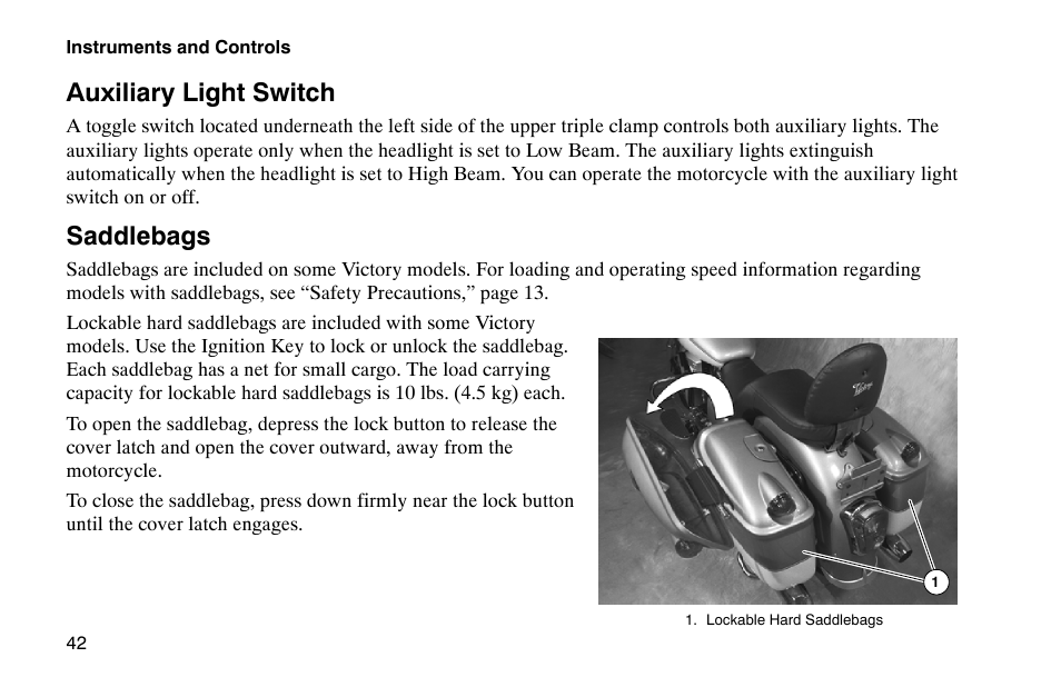 Auxiliary light switch, Saddlebags | Polaris 2002 Victory Touring Cruiser User Manual | Page 56 / 166