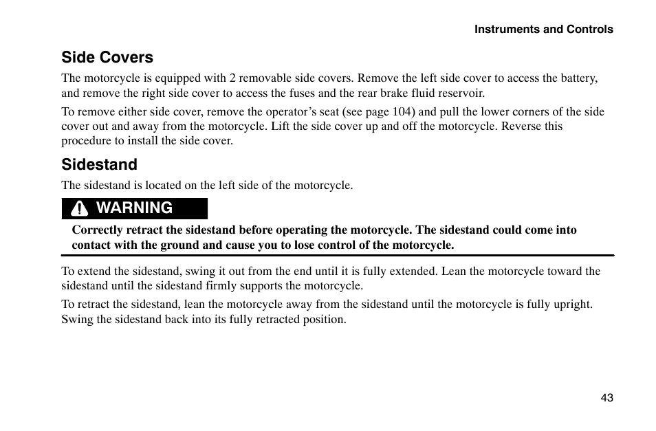 Side covers, Sidestand, Warning | Polaris 2002 Victory Touring Cruiser User Manual | Page 57 / 166