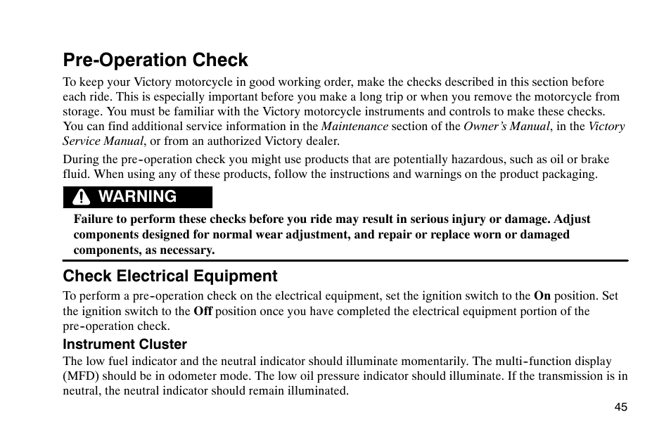 Pre-operation check, Warning check electrical equipment | Polaris 2002 Victory Touring Cruiser User Manual | Page 59 / 166