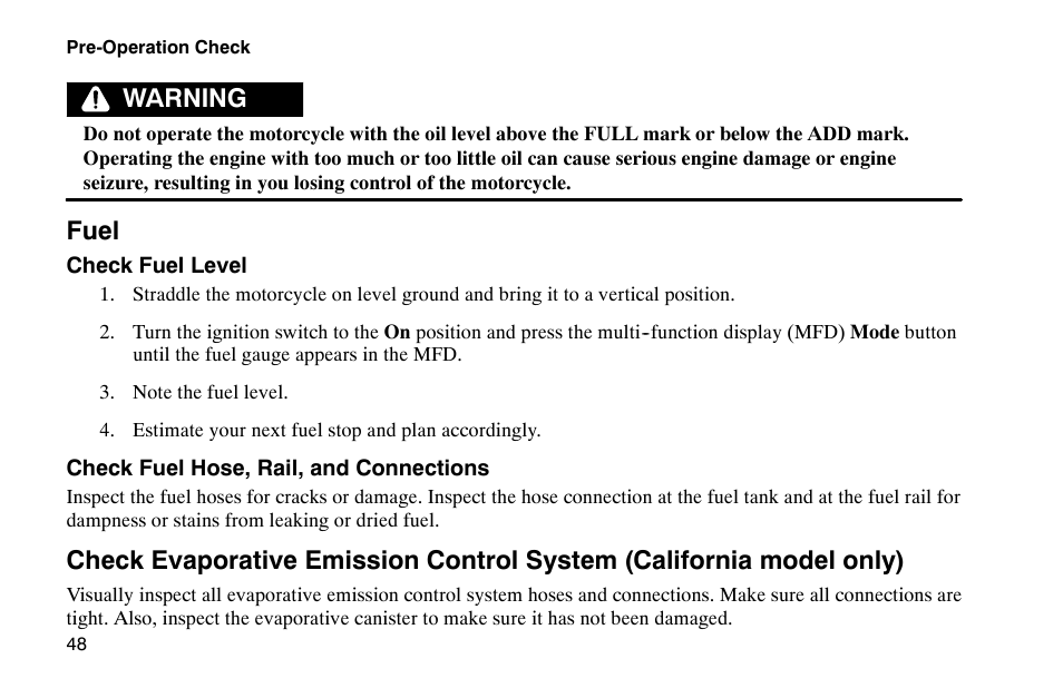 Warning fuel | Polaris 2002 Victory Touring Cruiser User Manual | Page 62 / 166