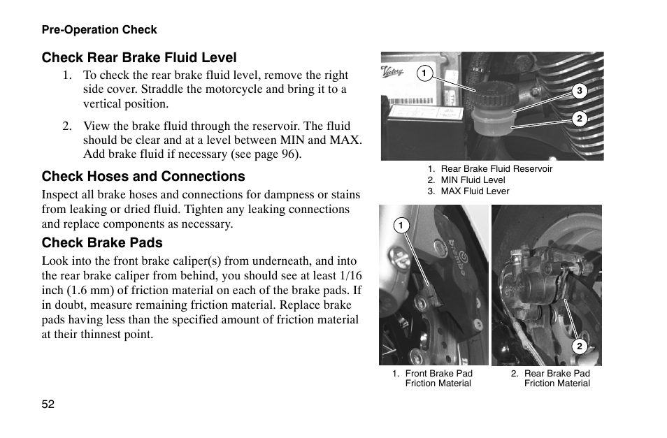 Check rear brake fluid level, Check hoses and connections, Check brake pads | Polaris 2002 Victory Touring Cruiser User Manual | Page 66 / 166