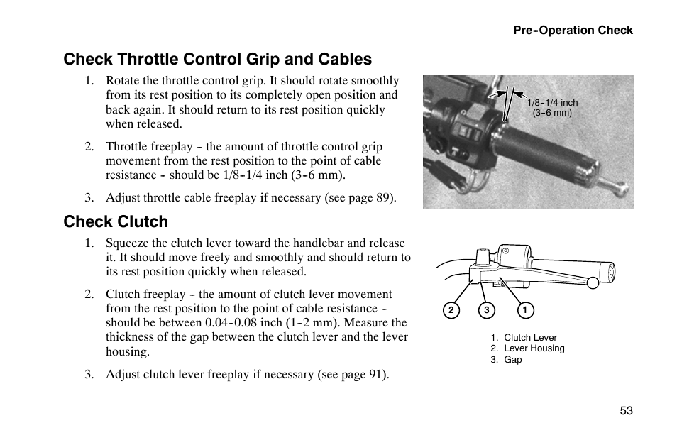 Check throttle control grip and cables, Check clutch | Polaris 2002 Victory Touring Cruiser User Manual | Page 67 / 166