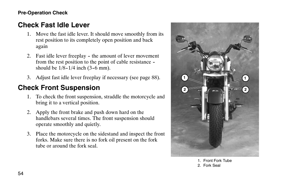 Check fast idle lever, Check front suspension | Polaris 2002 Victory Touring Cruiser User Manual | Page 68 / 166
