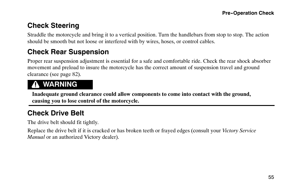 Check steering, Check rear suspension, Warning check drive belt | Polaris 2002 Victory Touring Cruiser User Manual | Page 69 / 166