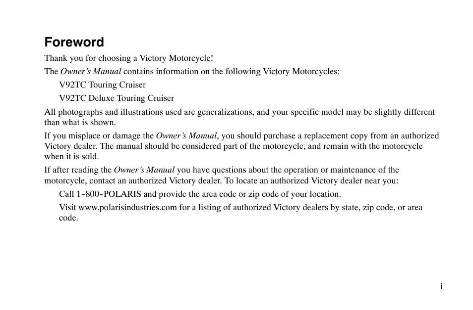 Foreword | Polaris 2002 Victory Touring Cruiser User Manual | Page 7 / 166