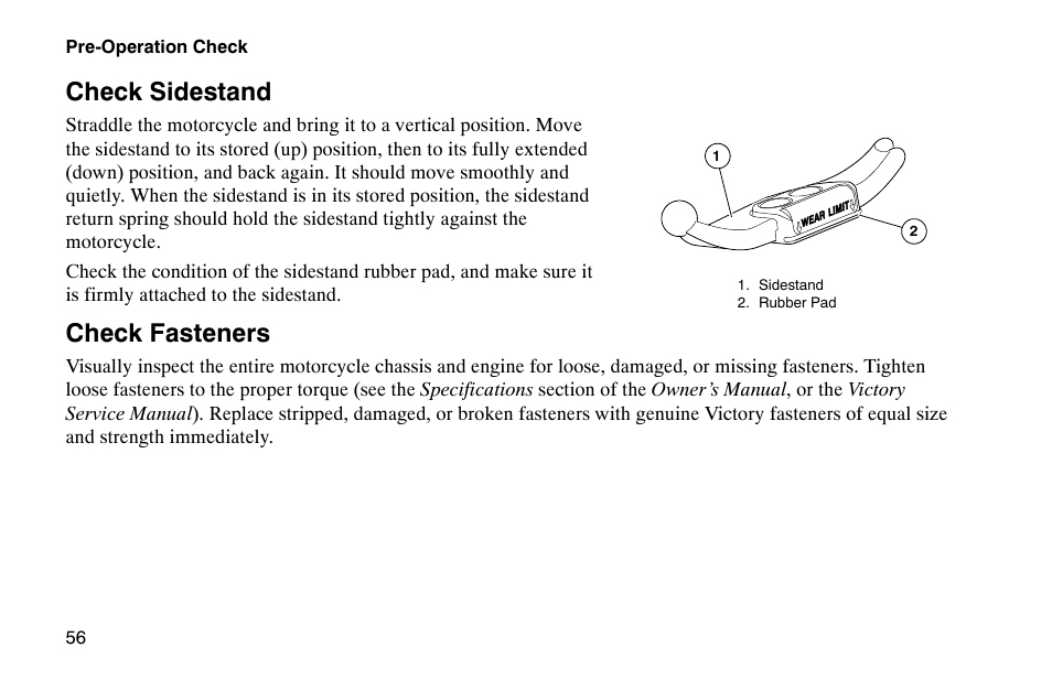 Check sidestand, Check fasteners | Polaris 2002 Victory Touring Cruiser User Manual | Page 70 / 166